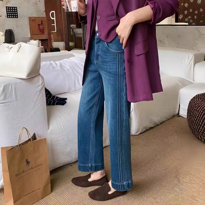 Slim Straight Legs! Must-Have ~ Three-Dimensional Pressed High-Waisted Elastic Fleece-Lined Thick Straight-Leg Jeans Baguette Pants