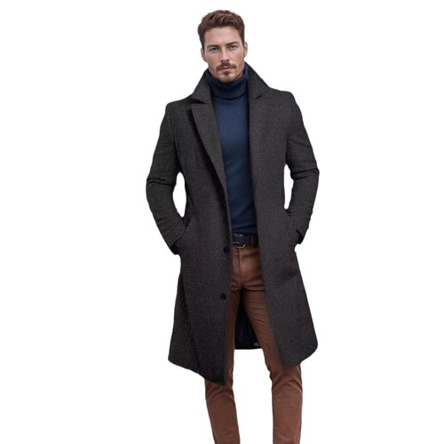 Autumn and Winter Men's Long-Powered Single-Color Wool Coat Warm Youth Wool Material Windbreaker Jacket for Men