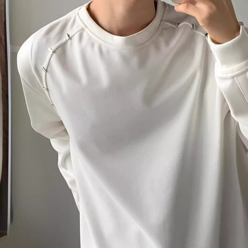 Korean-style Heavy Pad Long-sleeved T-shirt Simple Metal Design Crewneck Sweater Base Shirt Trendy for Men and Women