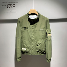 GQO复古纯色时尚贴标拼接立领外套男士春秋新款潮牌机能工装夹克