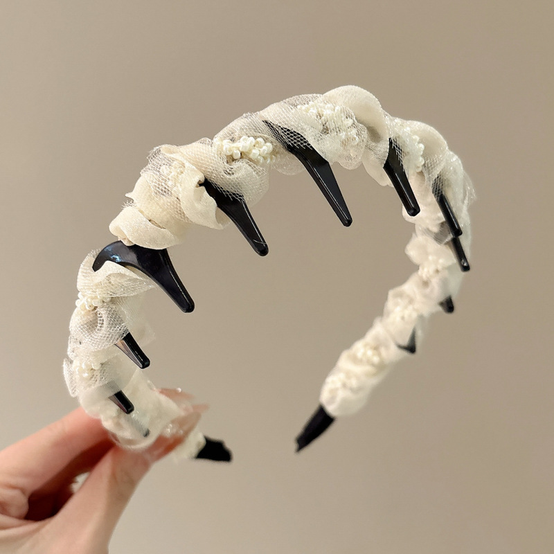 Diadema de ondas de perlas de hilo de malla de estilo de ballet para mujer 2025 nueva diadema de cabeza alta dulce fuera de todo fósforo horquilla