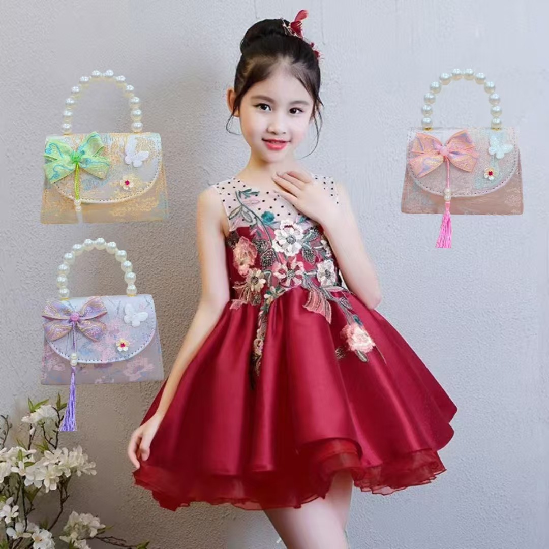 202 nuevo arco de estilo nacional bolsos para niños pequeños bolsos de moda de perlas de moda princesa bolsos de mano inclinados