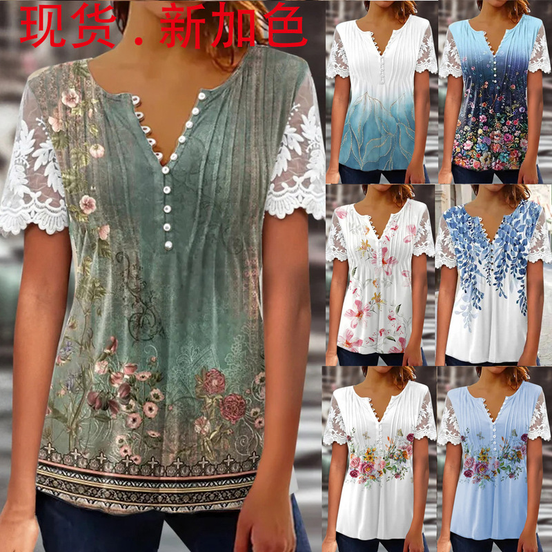 in stock 2024 Europe and the United States cross-border Amazon independent station flower printing wrinkle button lace sleeve women's T-shirt