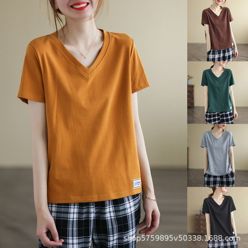 Women's Loose V-neck Short-sleeve T-shirt, Casual Patches Crewneck Top, Literary Comfortable Loose