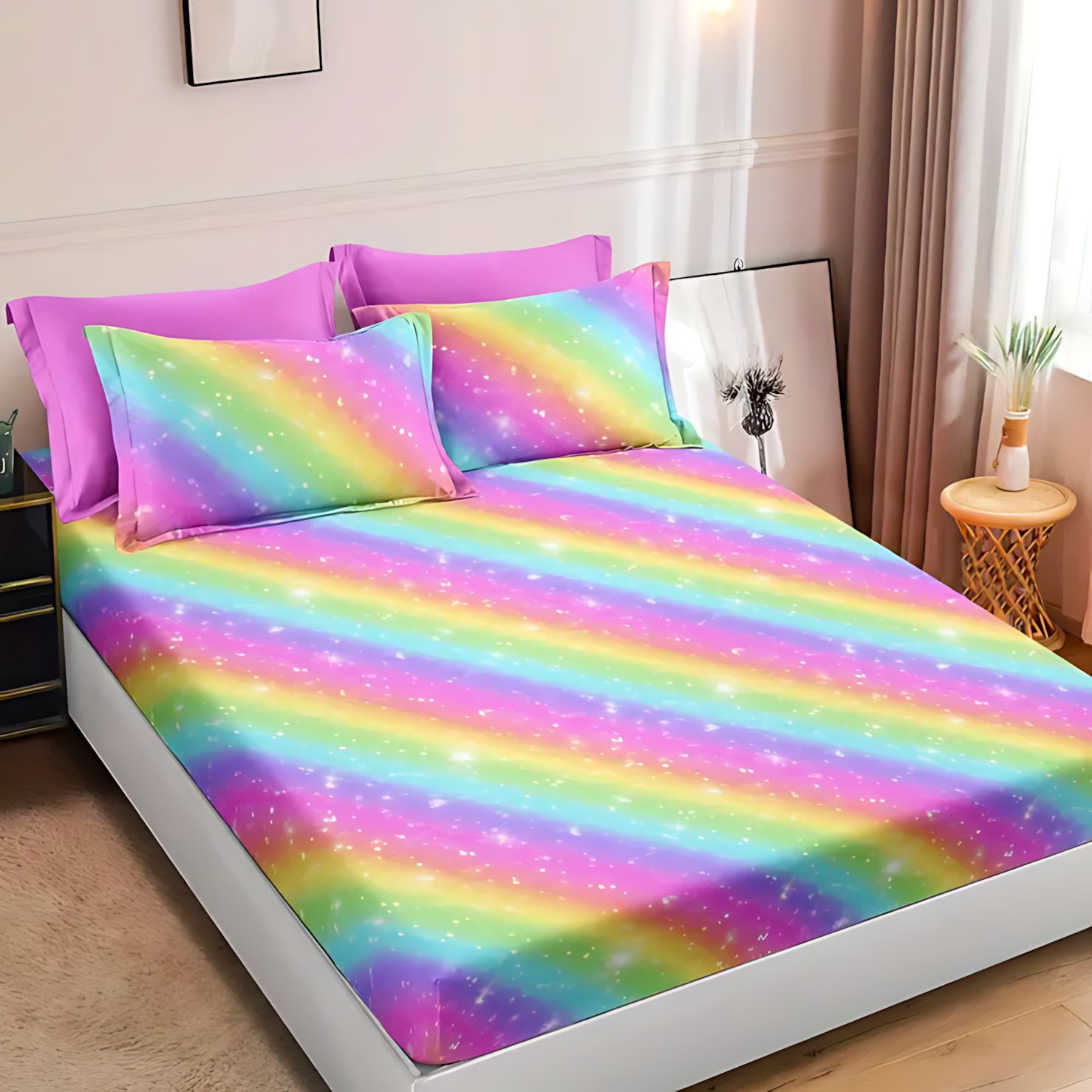TEMU / JIT transfronterizo textil casero dulce arco iris flash gradiente 3D impresión digital cama kit de ropa de cama