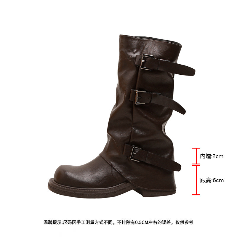 增高8cm~葡萄妈款皮带扣方圆头褶皱中筒骑士西部褶皱堆堆裤管女靴|undefined