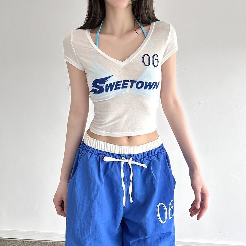 여름 핫 걸 라이트 시스루 레터 프린트 반팔 티셔츠 블라우스 여성용 블루 홀터넥 탱크 탑 투피스 세트