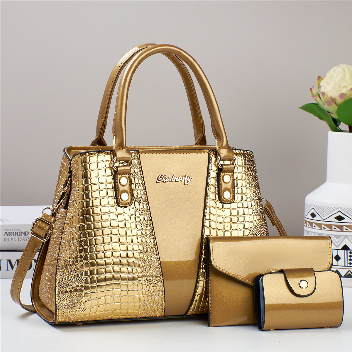 1330g Weight Women's Pu Leather Splicing Crocodile Classic Style Bucket Zipper Bag Sets