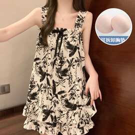新中式睡衣女2024年夏季碎花复古背心无袖吊带甜美少女宽松家居服