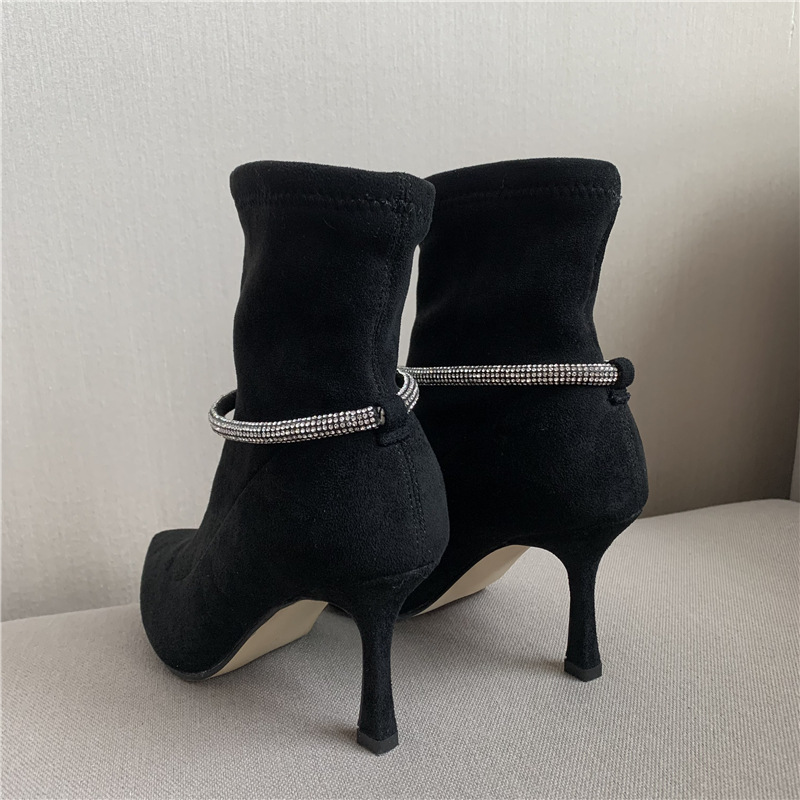 winter pointed toe rhinestone suede short stiletto boots nihaostyles wholesale clothing NSSO91619