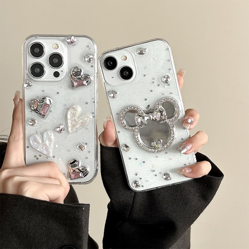 水钻爱心镜子蝴蝶结手机壳适用iPhone17米老鼠轻奢苹果16星星亮片