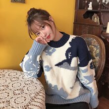 跨境2025年冬季新款大码慵懒风宽松加厚毛衣女软奶蓝天白云针织衫