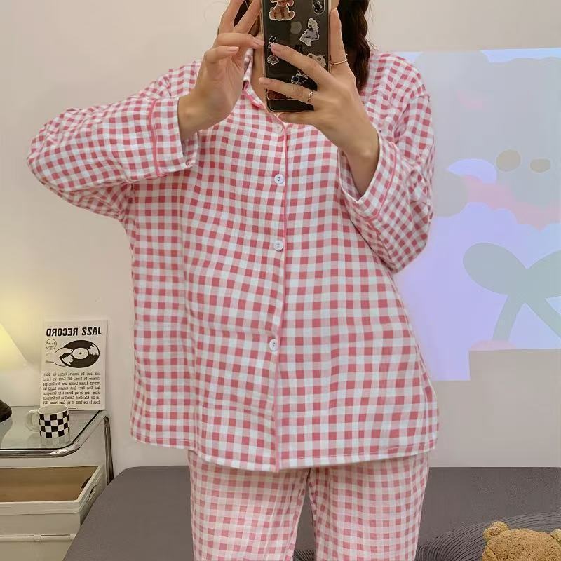 日系卡通圆点小猫云朵棉睡衣女士长袖长裤翻领开衫开衫直播家居服|undefined