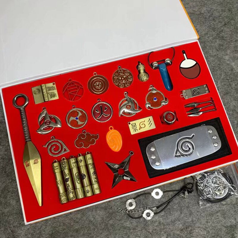 Naruto Ring Anime Red Cloud Konoha Renegade Ninja Forehead Shuriken Kunai Combination Set Metal Keychain Pendant