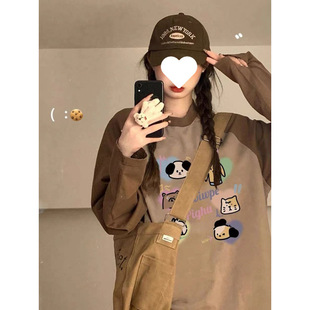 Cotton Contrast Long-sleeved T-shirt Women's Spring and Autumn 2025 New American Style Retro Loose Lazy Style