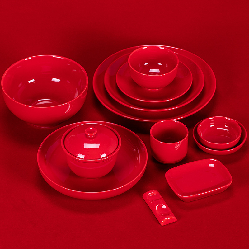 Dehua Ceramics Festive Red Ceramic Dinner Plate Bowl Noodle Bowl Soup Bowl Steak Plate Mouth Cup Stew Cup Hotel Tableware