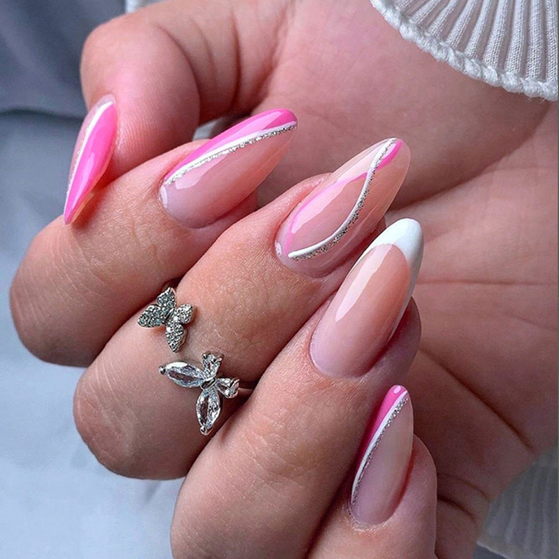 Ins-Style French Manicure Trendy Rose Red Design 24 Pieces No Size Needed with Tools