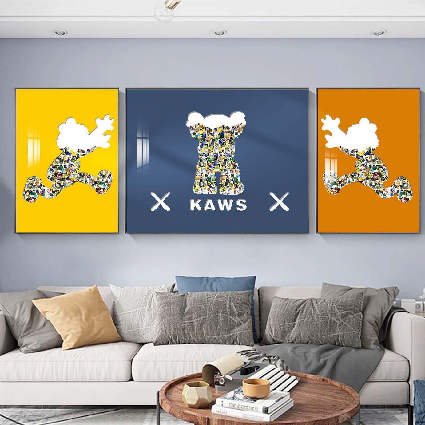 Lego building block pintura Kaws sala de estar pintura decorativa marca de moda violenta Oso de dibujos animados sofá triple Fondo colgante de pared pintura