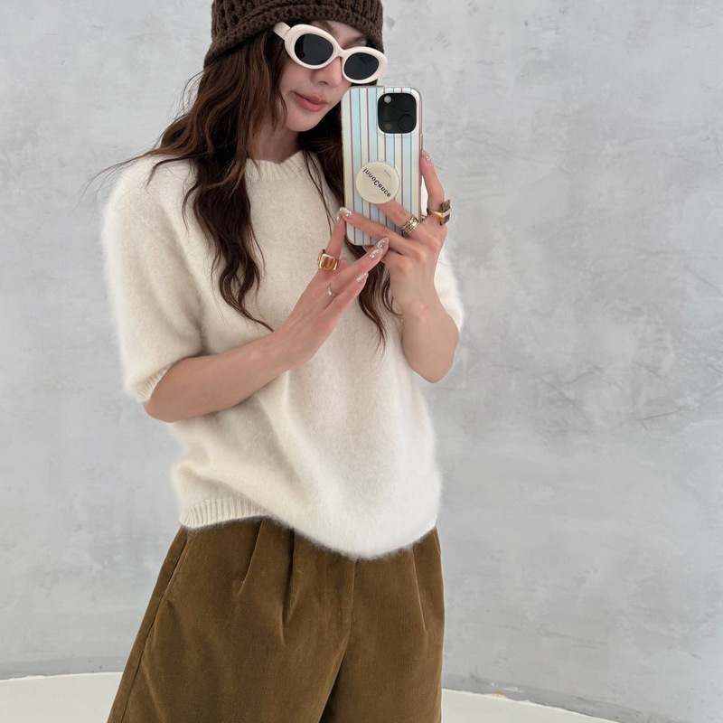26 Autumn New Style Top Korean Style Elegant Silk Cashmere Brushed Solid Color Short Sleeve Versatile Commuting Casual Knit Sweater for Women