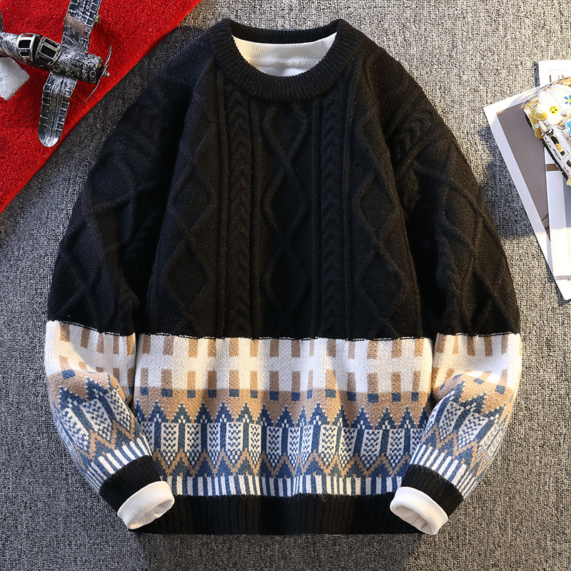 Herren-Langarm-Strickpullover, lässig, locker geschnitten, Rundhalsausschnitt, Polyester-Kaninchenwollmischung, Herbst-Winter-Mode mit Emblem-Design_voghion.com