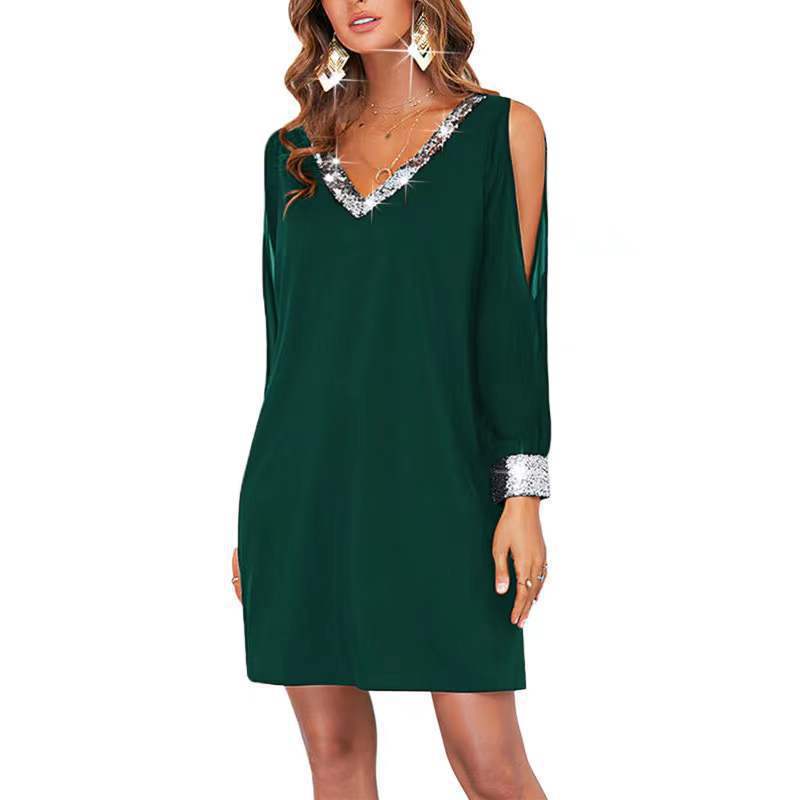 Amazon europeo y americano transfronterizo nueva ropa de mujer de color sólido fuera del hombro manga casual moda profundo cuello en V lentejuelas costura vestido image 7