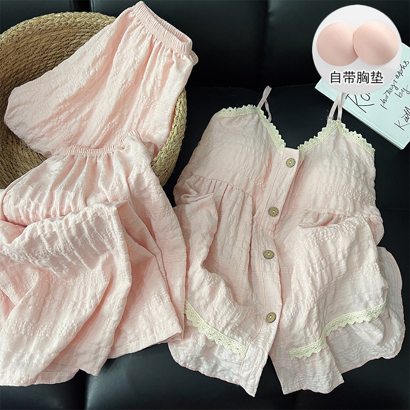 2025 New Style Women's Summer Pajamas Three-Piece Set with Chest Pads, Cloud Cotton Camisole, Sweet Style Home Wear, Pink