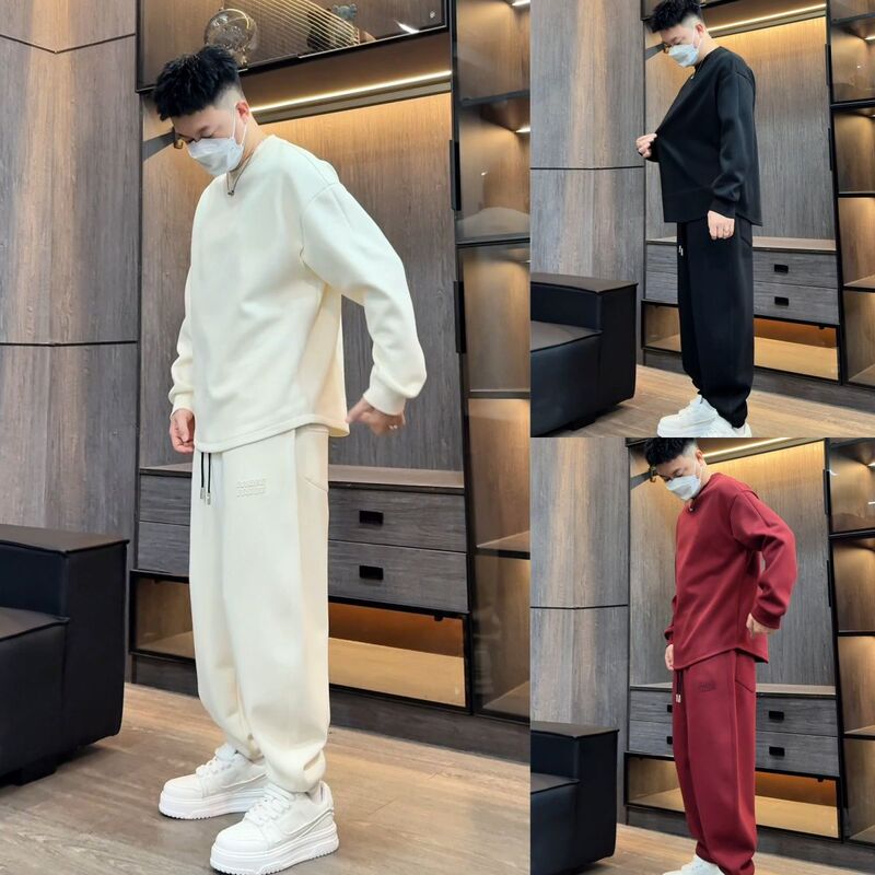 Autumn and Winter Men's Sports Suit Trendy Plus Velvet Loose Versatile Simple Round Neck Casual Two-Piece Fashion Suit Autumn and Winter Men's Sports Suit Trendy Plus Velvet Loose Versatile Simple Round Neck Casual Two-Piece Fashion Suit