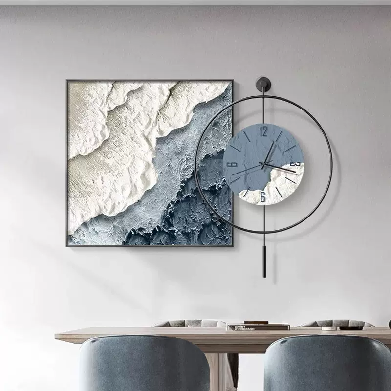 现代简约餐厅装饰画钟表创意抽象肌理挂画饭厅背景墙挂钟客厅壁画