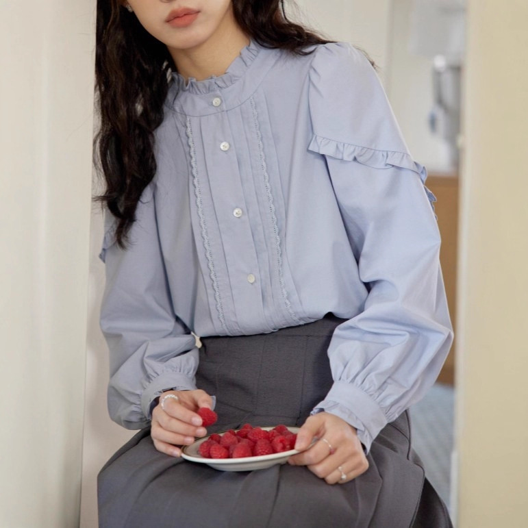 Nov Elist Early Autumn New French-Style Girl's Small Stand Collar Tuck Pleated Blouse with Ruffled Long Sleeves