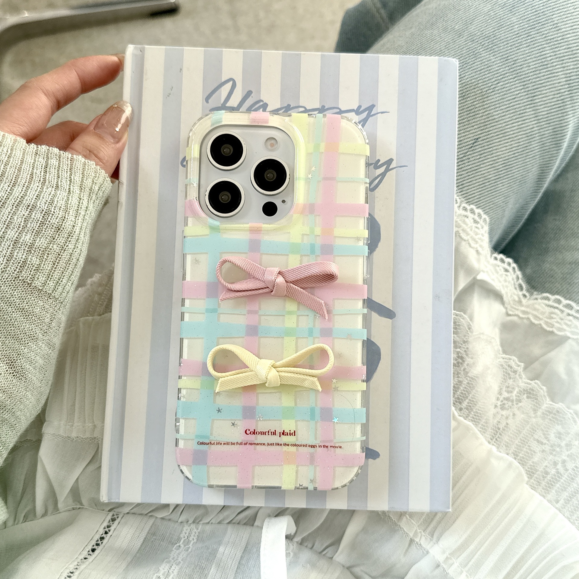 Pequeño arco tridimensional a cuadros fresco para Apple 15ProMax funda para teléfono móvil cadena 16Pro 14/13 nuevo 16