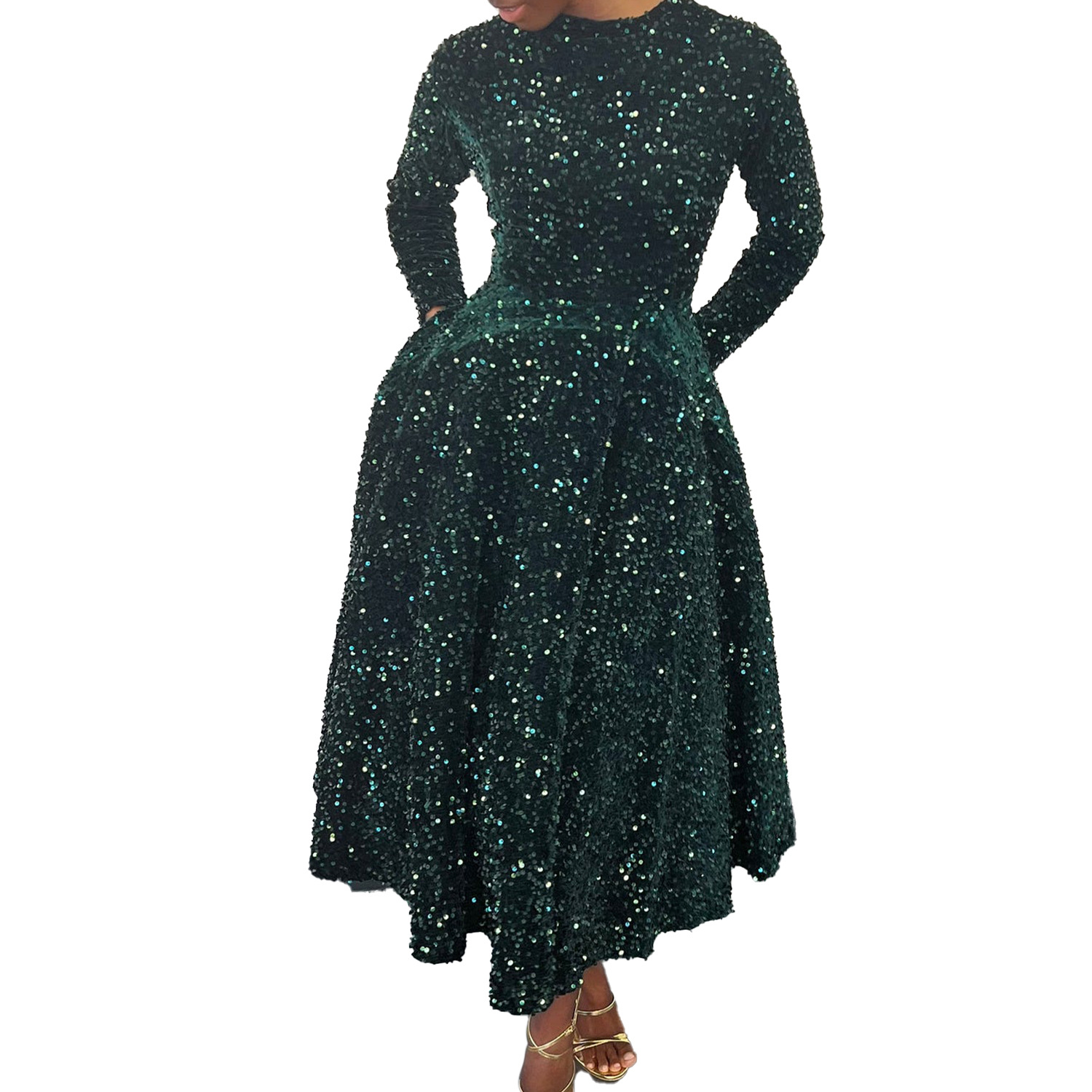 Women's Swing Dress Party Dress Elegant Classic Style Round Neck Sequins Long Sleeve Solid Color Midi Dress Banquet Evening Party display picture 22