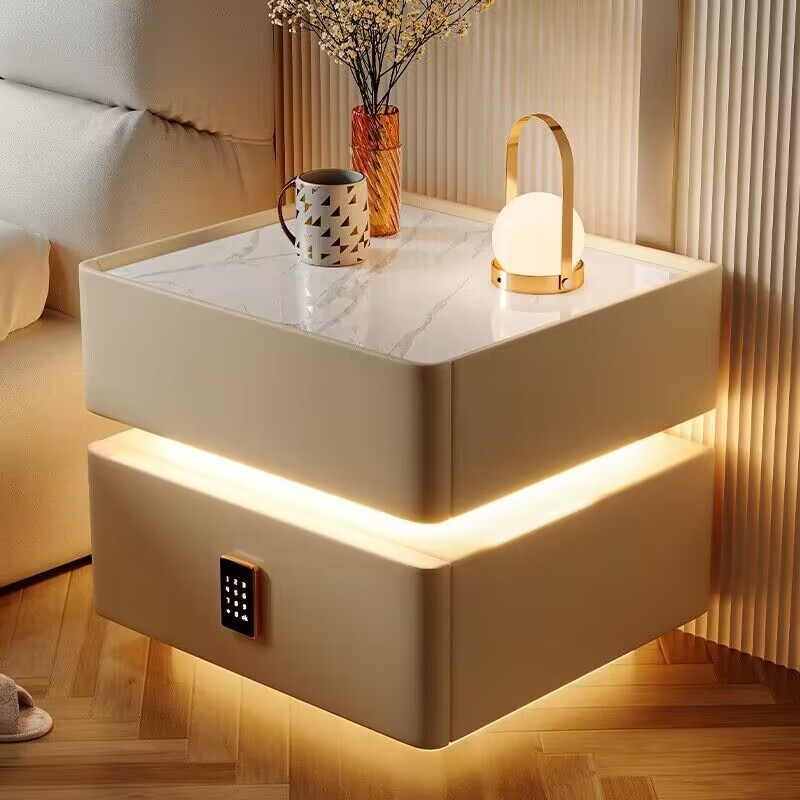Mesita de noche inteligente, lujo ligero, alta calidad, madera maciza con luz 2024, nuevo dormitorio con cerradura, pequeño gabinete, simple y moderno