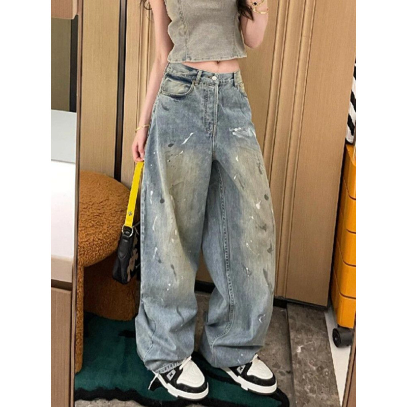 Splash Ink Old American Style Retro Washed Wide Leg Summer Design Sense Niche High Waist Jeans Women's Slimming Straight Leg Pants