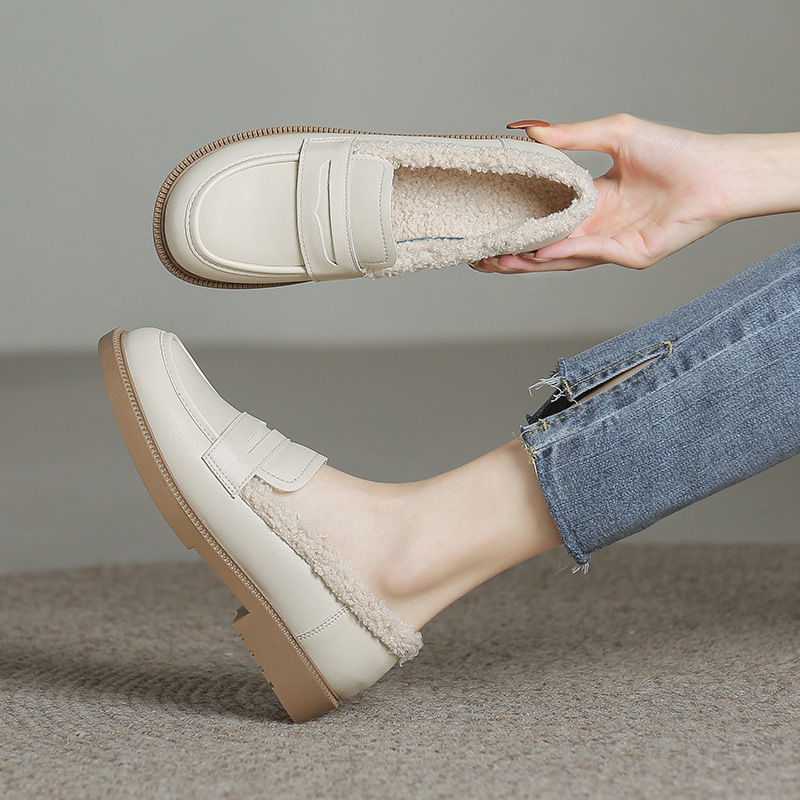 Winter keep warm non-slip loafers made of genuine soft leather flat