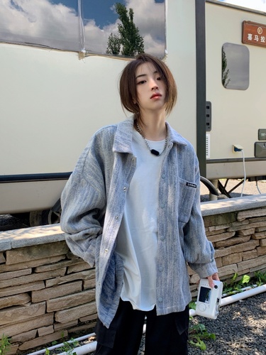 Blue long-sleeved shirt for women, new autumn French top, design niche shirt, lazy style jacket