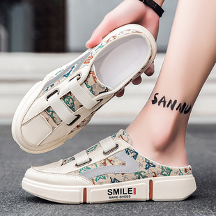 Canvas Shoes Men's Summer Breathable Slip-on Heel-free Lazy Half-drag Sports Casual Sneakers Niche Cloth Shoes Men's Shoes