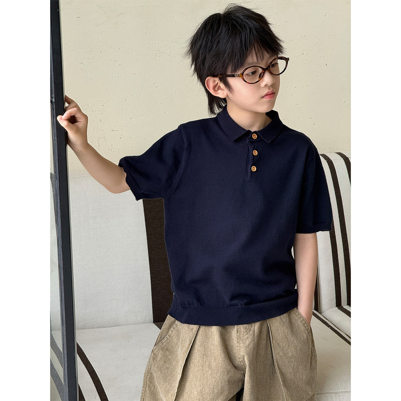 New Boys' Summer 2026 Korean Style Fashion Solid Color Versatile Daily Polo Collar Pullover Short-Sleeve Knit Shirt