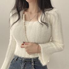 软糯方领水貂绒毛衣女韩版纯欲风短款针织衫气质修身内搭上衣秋冬