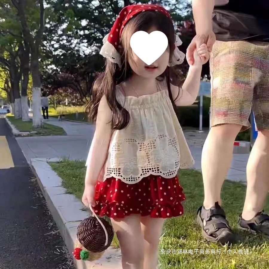 女童夏款套装2025采蘑菇可爱宝宝钩花刺绣吊带波点裙裤两件套小童