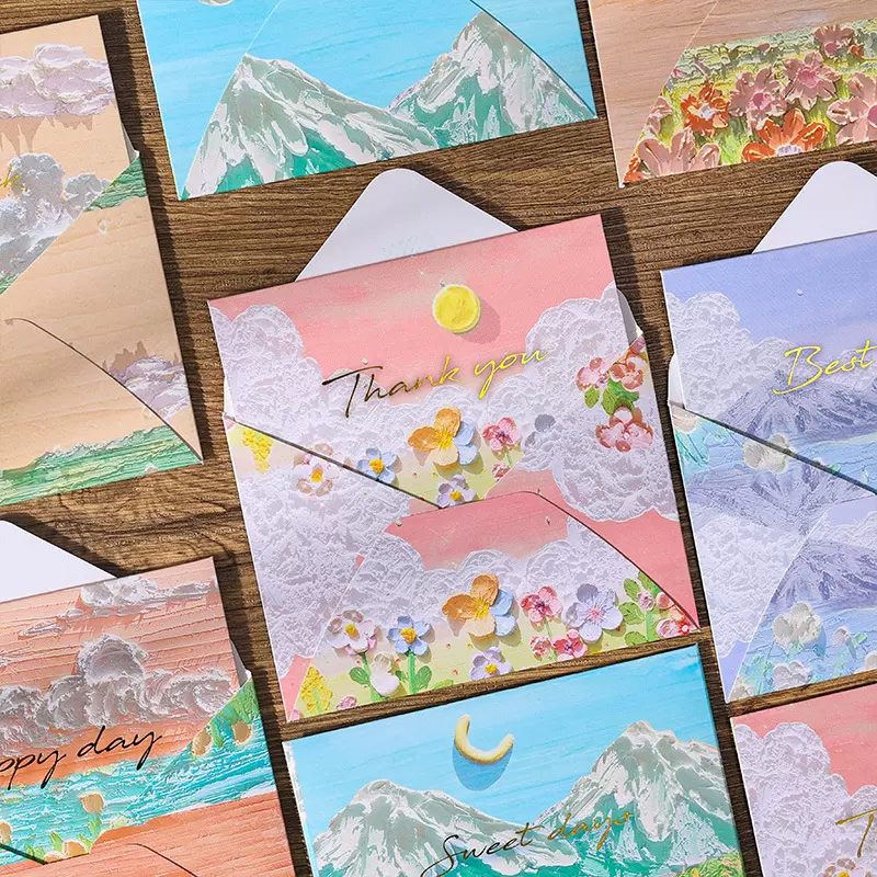 油画风景折叠贺卡四季轻语系列立体感明信片礼物生日毕业留言卡片