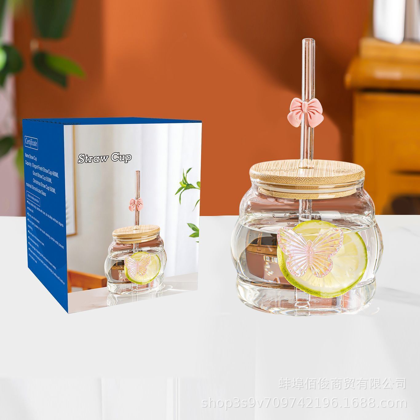 Taza de café de alto valor facial de vidrio transparente con mango de vidrio de alto silicio, taza de paja de hielo de bebidas americanas gordo