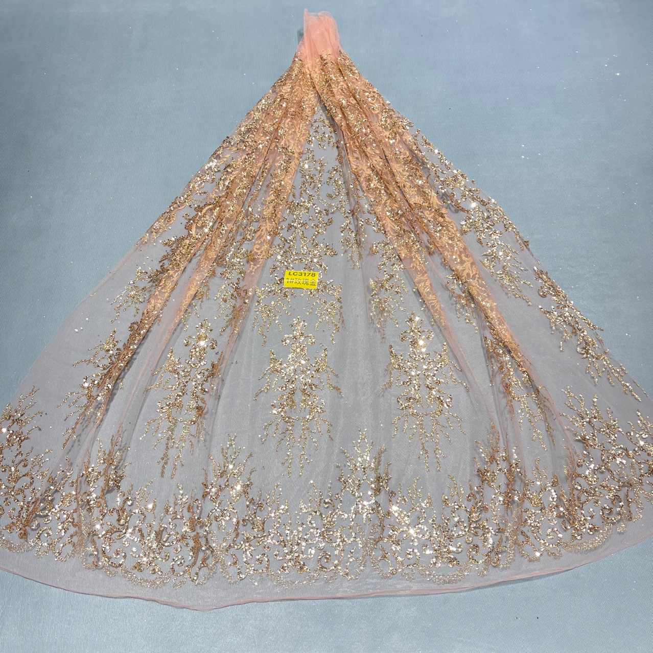 现货LC3178玫瑰金花型 细粉孔片 婚纱礼服面料 洒金喷金网 蕾丝裙