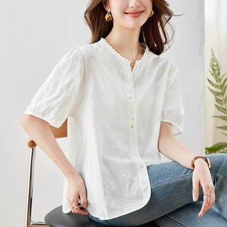 【定制】 蕾丝花边圆领衬衫女短袖2026夏装新款气质轻熟绣花衬衣