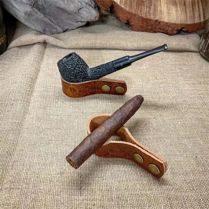 Leather pipe stand, pipe storage case, wooden cigarette holder, leather pipe stand, handmade single pipe stand