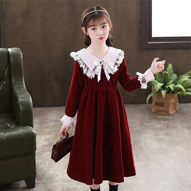 Vestido para niños vestido de Primavera de manga larga ropa para niños nuevo vestido de princesa occidental rojo en línea vestido de niña de longitud media