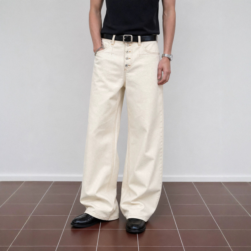 EME Yishengyi 13.5oz faux five-button placket bone white cotton shell raw denim loose straight jeans for men and women