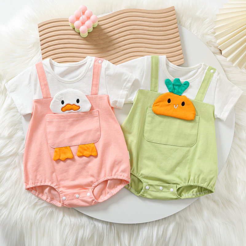 Bebé verano triángulo fino mameluco de dibujos animados estilo occidental mameluco Luna Llena recién nacido masculino y femenino bebé falso de dos piezas ropa de verano