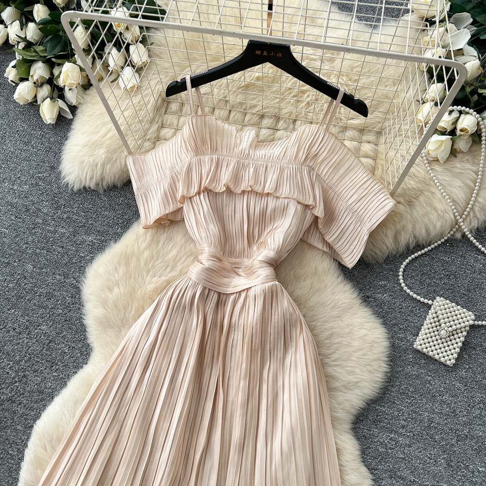 French Style Off-Shoulder Spaghetti Strap Dress Korean Waist Cinching Summer Elegant Long Dress for Vacation_ecoleips.com