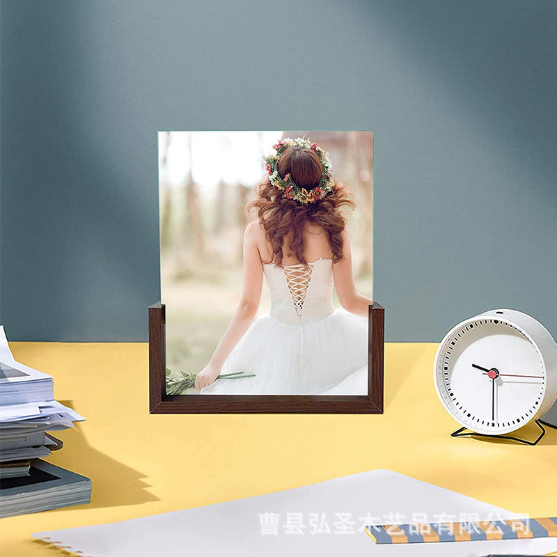 Marco de fotos de madera en forma de U decoración de base de fotos de escritorio de doble cara marco de fotos de vidrio acrílico transparente logotipo impreso