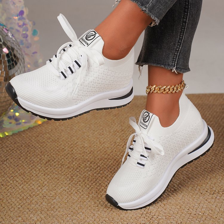 Autumn New Casual Shoes Fly Woven Mesh Breathable Shoes Wedge Heel Thick Sole Casual Shoes Foreign Trade Large Size Mesh Shoes